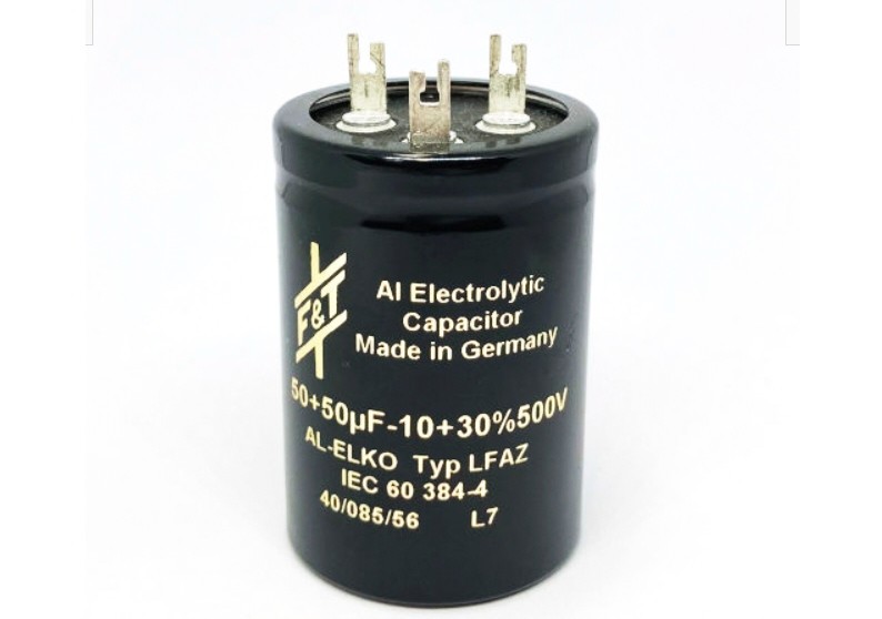 F&T　ブロック電解コンデンサ 500V 50+50μF　LFAZ 500V 50+50μF・耐圧:500V ・静電容量:50μF+50μF ・静電容量許容差:-10%+30% ・サイズ:φ35×50