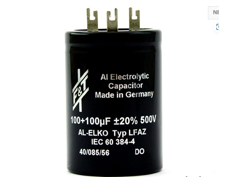 F&T　ブロック電解コンデンサ 500V 100+100μF　LFAZ 500V 100+100μF・耐圧:500V ・静電容量:100μF+100μF ・静電容量許容差:-10%+30% ・サイズ:φ35×50